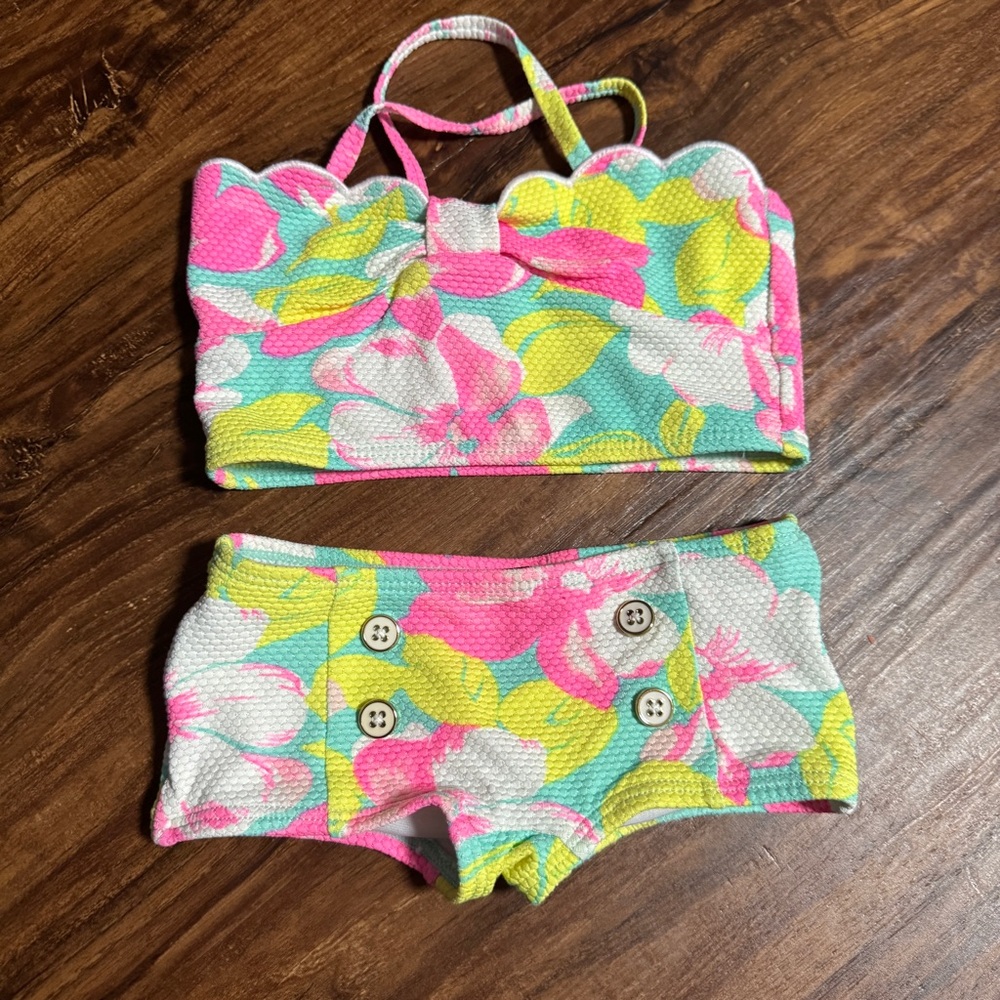 Janie and Jack Neon Tropical Floral Scallop Bikini 2 Piece 12-18 Months